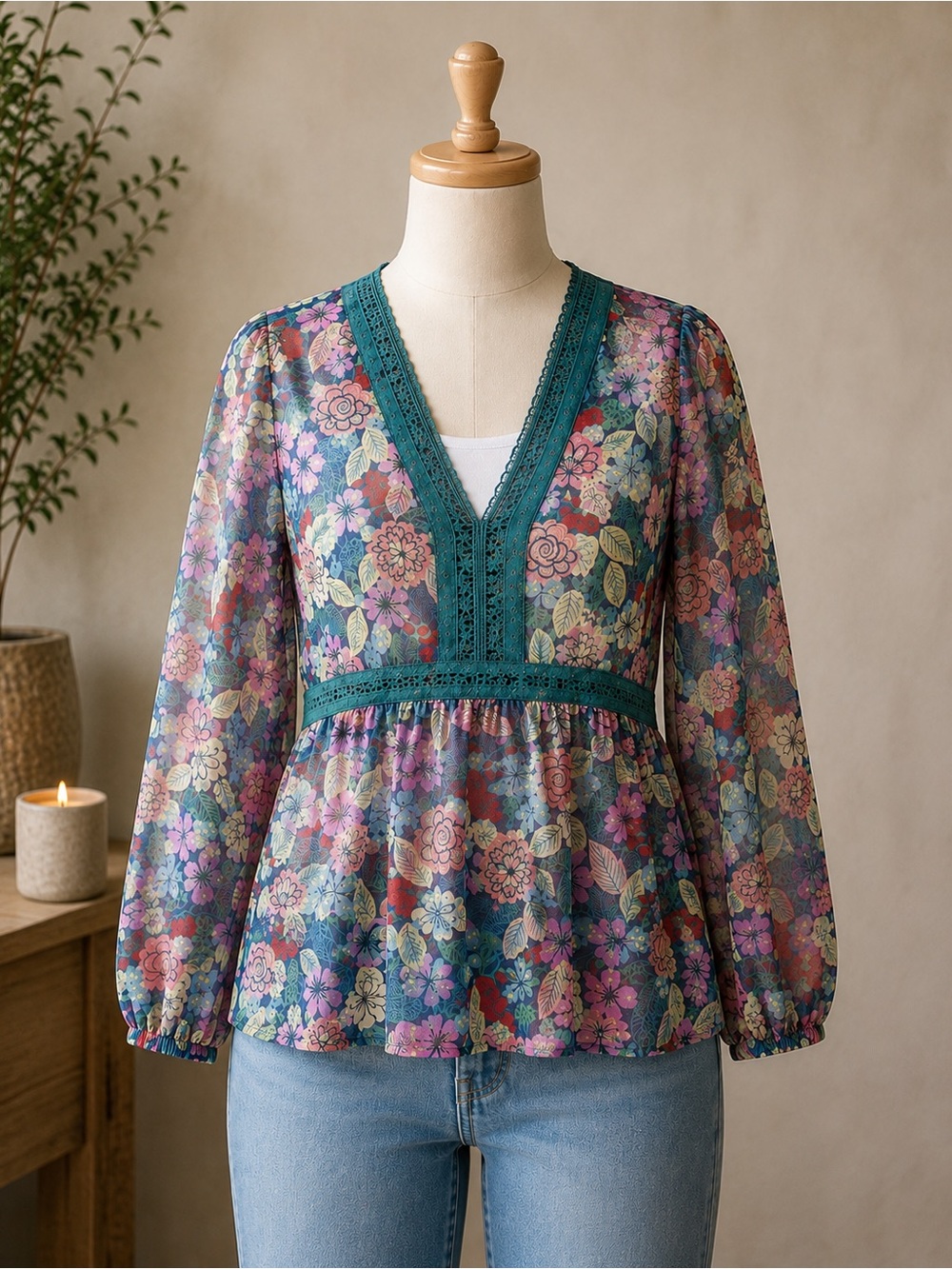 Matilda Jane XL Sheer Floral Boho Blouse Teal Lace Peplum Top